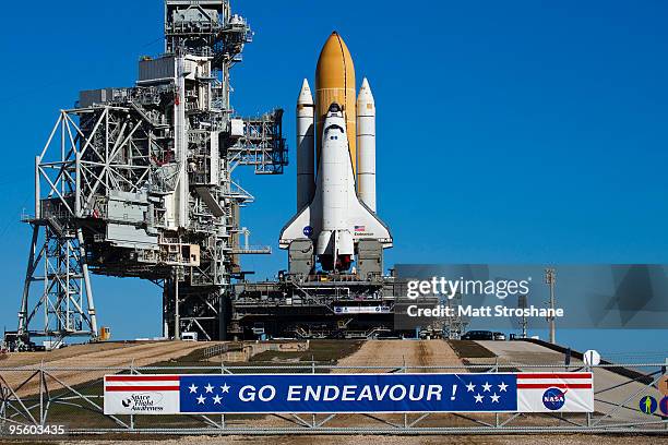 Space Shuttle Endeavour rolls to launch pad 39-A at the Kennedy Space Center January 6, 2010 in Cape Canaveral, Florida. Endeavour and its crew are...