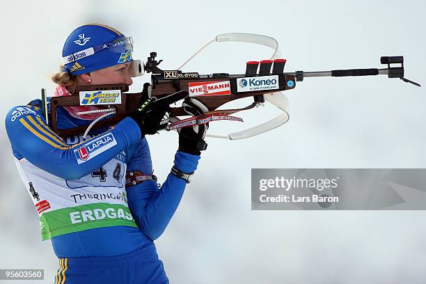 Helena Jonsson of Sweden is seen at the shooting range during the Women's 4 x 6km Relay in the e.on Ruhrgas IBU Biathlon World Cup on January 6, 2010...