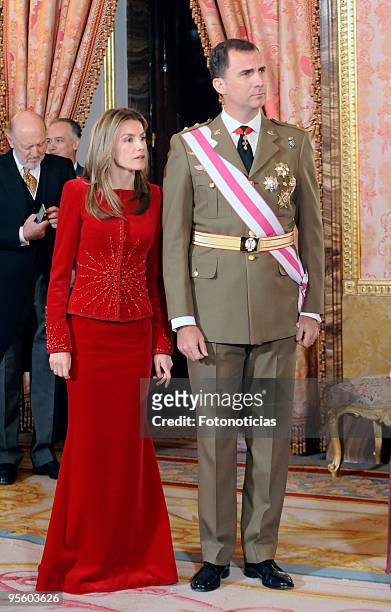 Princess Letizia of Spain and Prince Felipe of Spain attend the Military Pasques annual reception at The Royal Palace on January 6, 2010 in Madrid,...