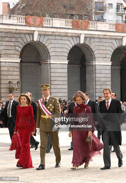 Princess Letizia of Spain, Prince Felipe of Spain, Queen Sofia of Spain and prime Minister Rodriguez Zapatero attend the Military Pasques annual...