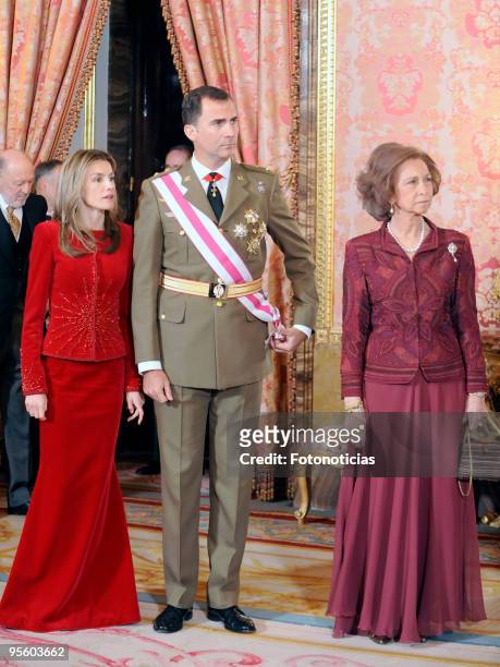 Princess Letizia of Spain, Prince Felipe of Spain and Queen Sofia of Spain attend the Military Pasques annual reception at The Royal Palace on...