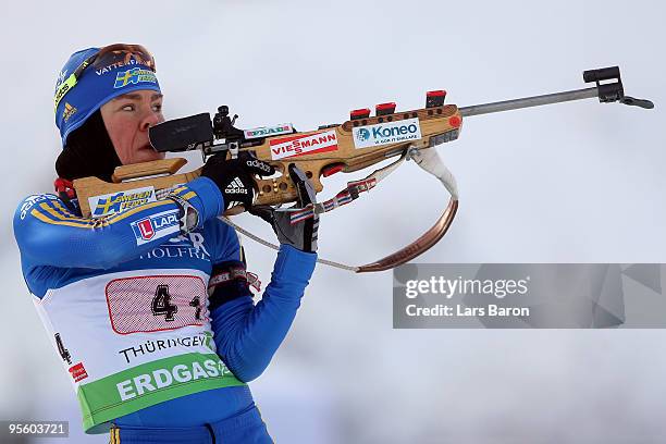 Sofia Domeij of Sweden is seen at the shooting range during the Women's 4 x 6km Relay in the e.on Ruhrgas IBU Biathlon World Cup on January 6, 2010...