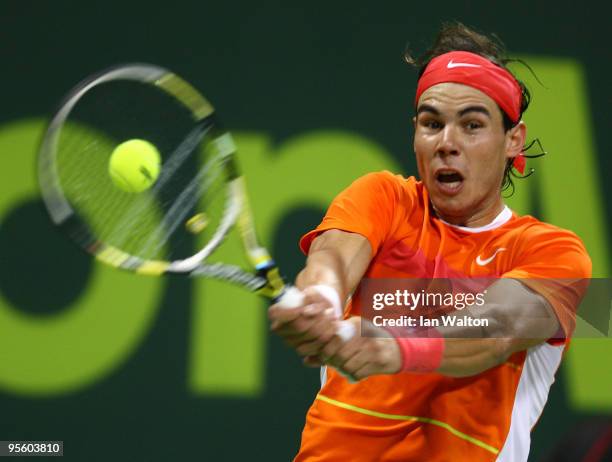 Rafael Nadal of Spain in action against Potito Starace of Italy during the 2nd round of the ATP Qatar ExxonMobil Open at the Khalifa International...