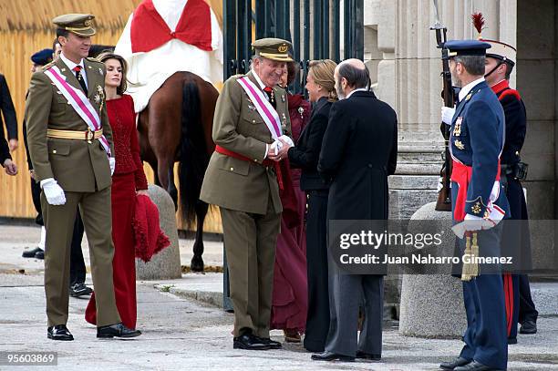 Prince Felipe of Spain, Princess Letizia of Spain, King Juan Carlos of Spain, Carme Chacon and Alfredo Perez Rubalcaba attend 'Pascua Militar' at the...