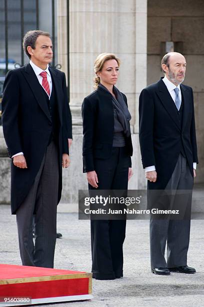 Prime Minister of Spain Jose Luis Rodriguez Zapatero, Carme Chacon and Alfredo Perez Rubalcaba attend 'Pascua Militar' at the Royal Palace on January...