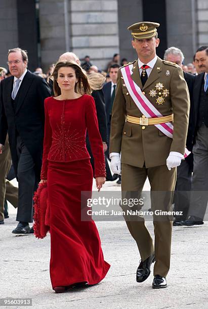 Princess Letizia of Spain and Prince Felipe of Spain attend 'Pascua Militar' at the Royal Palace on January 6, 2010 in Madrid, Spain.