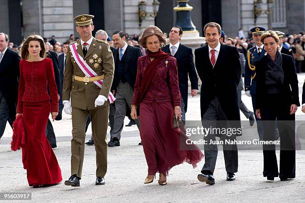 Princess Letizia of Spain, Prince Felipe of Spain, Queen Sofia of Spain, Prime Minister of Spain Jose Luis Rodriguez Zapatero and Carme Chacon attend...