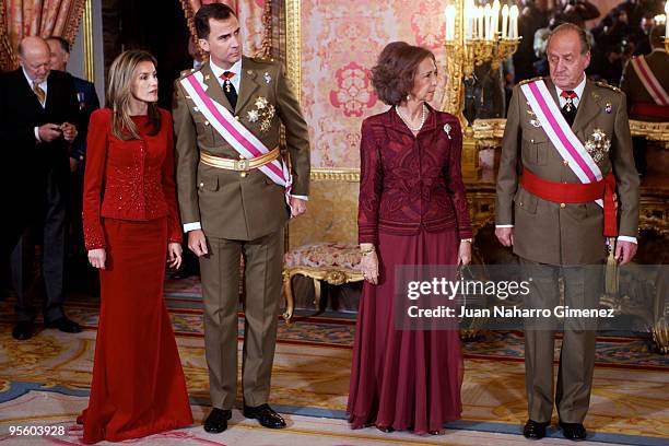 Princess Letizia of Spain, Prince Felipe of Spain, Queen Sofia of Spain and King Juan Carlos of Spain attend 'Pascua Militar' at the Royal Palace on...