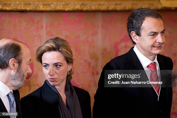 Alfredo Perez Rubalcaba, Carme Chacon and Prime Minister of Spain Jose Luis Rodriguez Zapatero attend 'Pascua Militar' at the Royal Palace on January...