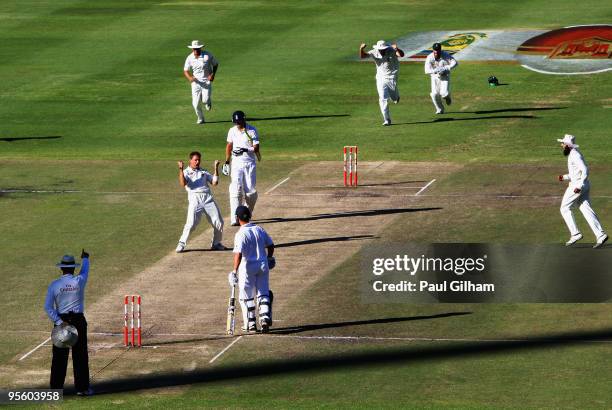 Dale Steyn of South Africa celebrates taking the wicket of Kevin Pietersen of England for lbw and 6 runs during day four of the third test match...