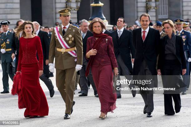Princess Letizia of Spain, Prince Felipe of Spain, Queen Sofia of Spain, Prime Minister of Spain Jose Luis Rodriguez Zapatero and Carme Chacon attend...
