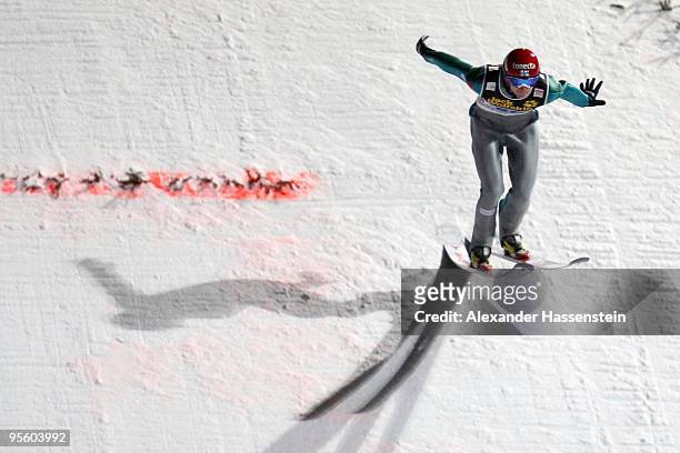 Janne Ahonen of Finland competes at first round for the FIS Ski Jumping World Cup event of the 58th Four Hills ski jumping tournament on January 6,...