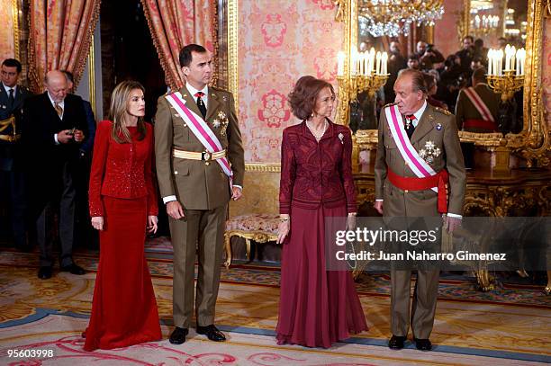 Princess Letizia of Spain, Prince Felipe of Spain, Queen Sofia of Spain and King Juan Carlos of Spain attend 'Pascua Militar' at the Royal Palace on...