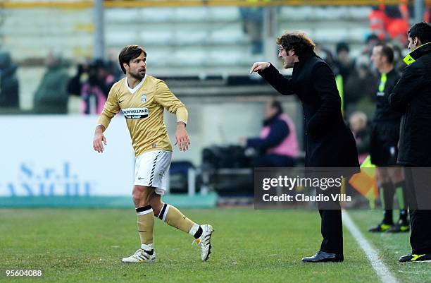 Head Coach Ciro Ferrara of Juventus issues instructions to Diego during the Serie A match between Parma and Juventus at Stadio Ennio Tardini on...