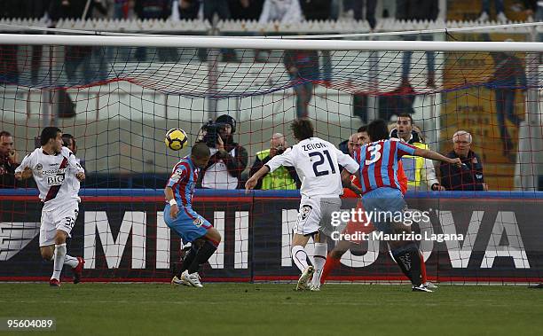 Nicoals Spolli of Catania Calcio scores a goal during the Serie A match between Catania and Bologna at Stadio Angelo Massimino on January 6, 2010 in...