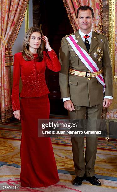 Princess Letizia of Spain and Prince Felipe of Spain attend 'Pascua Militar' at the Royal Palace on January 6, 2010 in Madrid, Spain.