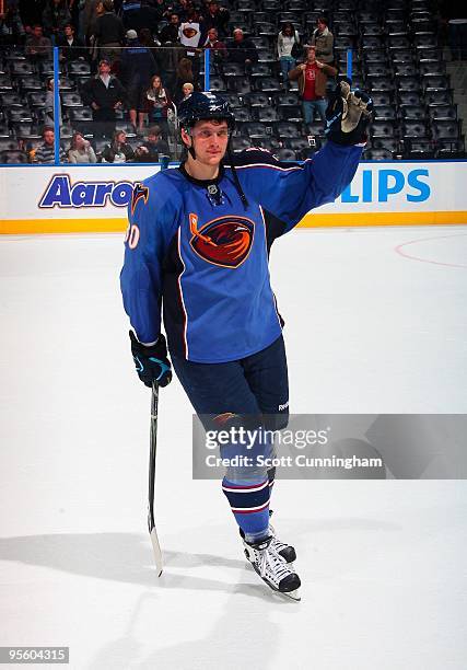 Nik Antropov of the Atlanta Thrashers acknowledges the crowd after being named third star of the game against the Montreal Canadiens at Philips Arena...