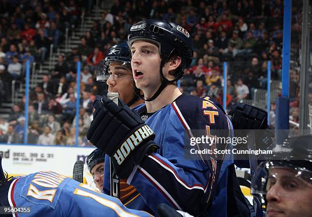 Colby Armstrong of the Atlanta Thrashers watches the play against the Montreal Canadiens at Philips Arena on December 21, 2009 in Atlanta, Georgia.