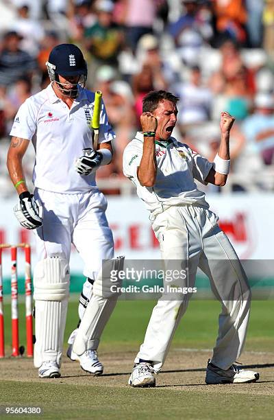 Dale Steyn of South Africa traps Kevin Pietersen of England lbw for 6 runs during day 4 of the 3rd test match between South Africa and England from...