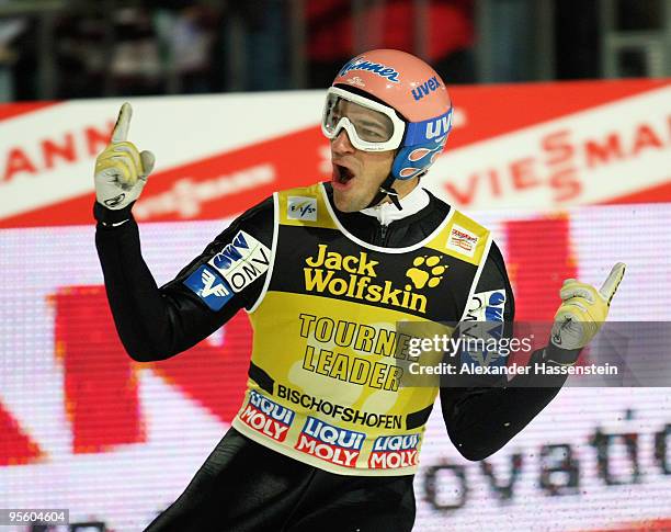 Andreas Kofler of Austria celebrates after final round for the FIS Ski Jumping World Cup event of the 58th Four Hills ski jumping tournament on...