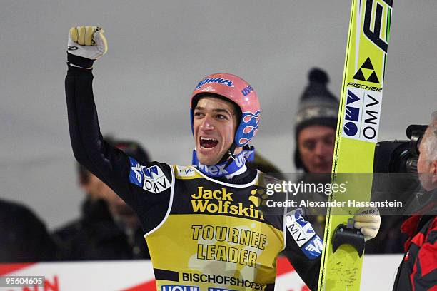 Andreas Kofler of Austria celebrates after final round for the FIS Ski Jumping World Cup event of the 58th Four Hills ski jumping tournament on...