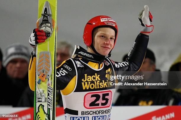 Pascal Bodmer of Germany reacts after final round for the FIS Ski Jumping World Cup event of the 58th Four Hills ski jumping tournament on January 6,...