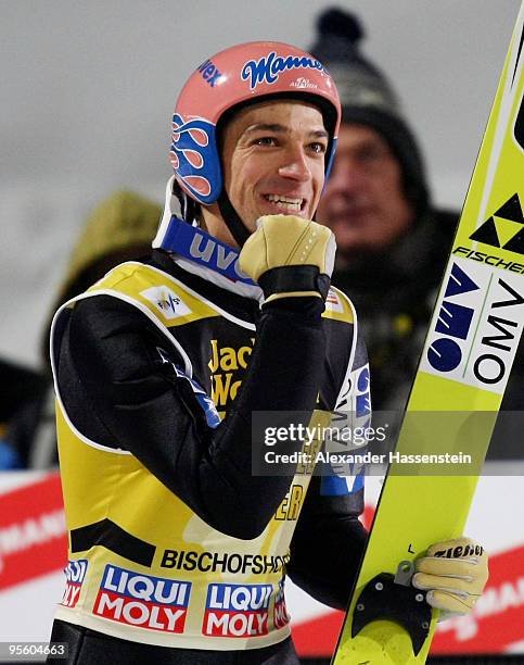 Andreas Kofler of Austria celebrates after final round for the FIS Ski Jumping World Cup event of the 58th Four Hills ski jumping tournament on...