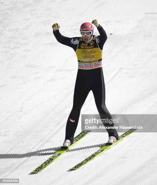 Andreas Kofler of Austria celebrates after final round for the FIS Ski Jumping World Cup event of the 58th Four Hills ski jumping tournament on...