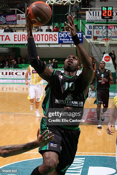 Romain Sato, #10 of Montepaschi Siena shoots during the Euroleague Basketball Regular Season 2009-2010 Game Day 9 between Montepaschi Siena vs...