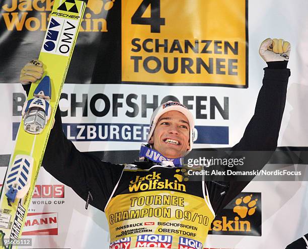 Andreas Kofler of Austria celebrates winning the 58th Four Hills ski jumping tournament on January 06, 2010 in Bischofshofen, Austria.