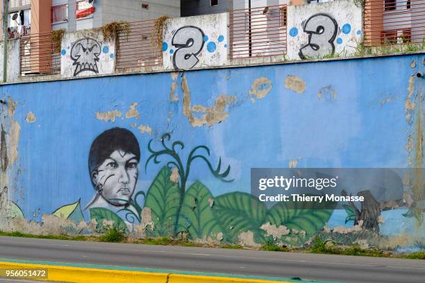 Graffiti representing a member of an indigenous tribe in a social benefit housing project .