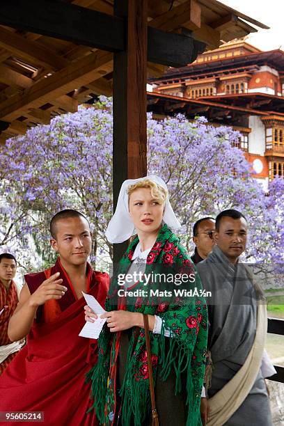 a lost scandinavian woman bhutan. - bhutan architecture stock pictures, royalty-free photos & images