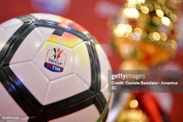 The ball of the final during the Juventus press conference for the TIM Cup final on May 8, 2018 in Rome, Italy.