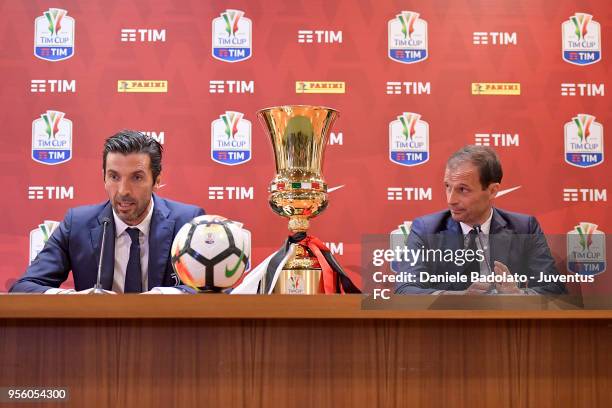 Gianluigi Buffon and Massimiliano Allegri during the Juventus press conference for the TIM Cup final on May 8, 2018 in Rome, Italy.