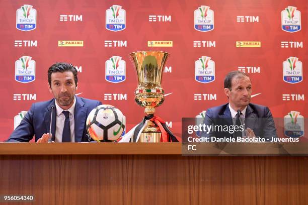 Gianluigi Buffon and Massimiliano Allegri during the Juventus press conference for the TIM Cup final on May 8, 2018 in Rome, Italy.