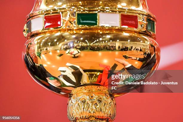 The trophy during the Juventus press conference for the TIM Cup final on May 8, 2018 in Rome, Italy.