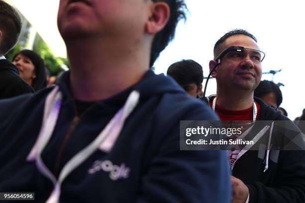 Jesus Suarez wears Google Glass before the start of the Google I/O 2018 Conference at Shoreline Amphitheater on May 8, 2018 in Mountain View,...