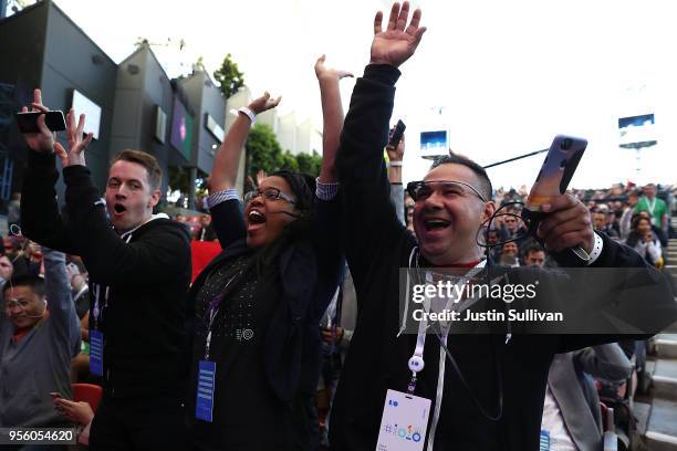 Attendees cheer before the start of the Google I/O 2018 Conference at Shoreline Amphitheater on May 8, 2018 in Mountain View, California. Google's...