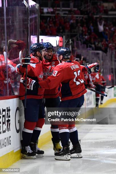 Evgeny Kuznetsov of the Washington Capitals celebrates after scoring a third period goal against the Pittsburgh Penguins in Game Five of the Eastern...