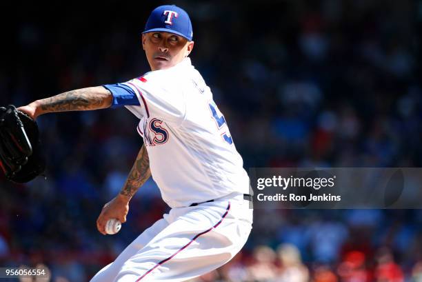 Jesse Chavez of the Texas Rangers pitches against the Boston Red Sox during the seventh inning at Globe Life Park in Arlington on May 6, 2018 in...