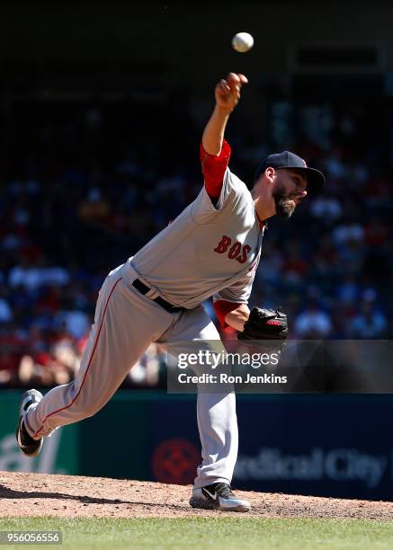 Matt Barnes of the Boston Red Sox pitches against the Texas Rangers during the eighth inning at Globe Life Park in Arlington on May 6, 2018 in...