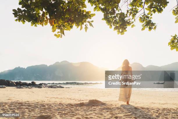 beach view - woman long dress beach stock pictures, royalty-free photos & images