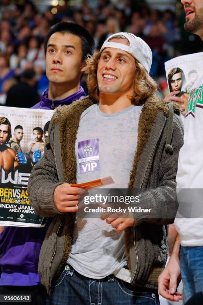 Fighter Urijah Faber watches the game between the Cleveland Cavaliers and the Sacramento Kings on December 23, 2009 at Arco Arena in Sacramento,...