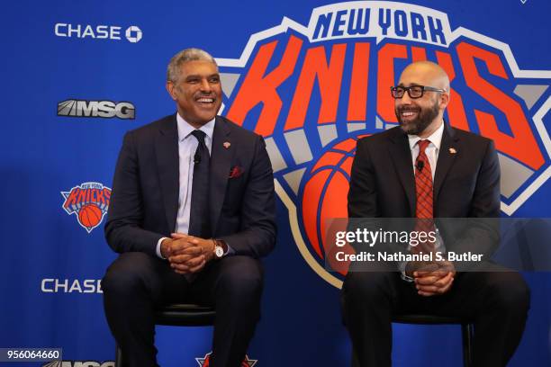 Steve Mills and David Fizdale of the New York Knicks during a press conference announcing David Fizdale as the new head coach on May 8, 2018 at...
