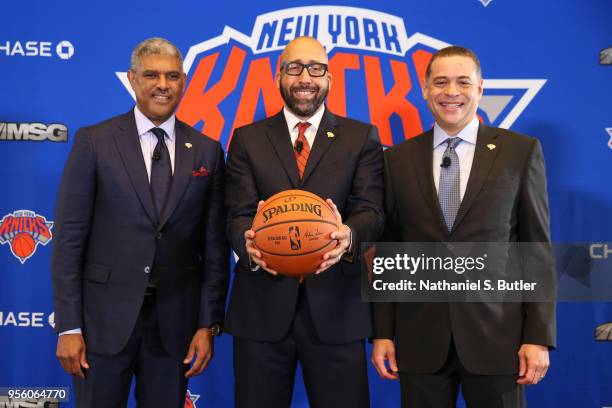 Steve Mills, David Fizdale and Scott Perry of the New York Knicks during a press conference announcing David Fizdale as the new head coach on May 8,...