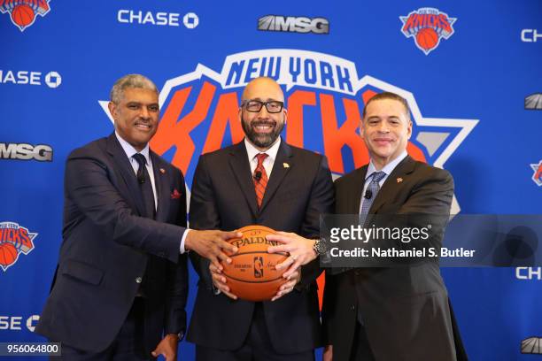 Steve Mills, David Fizdale and Scott Perry of the New York Knicks during a press conference announcing David Fizdale as the new head coach on May 8,...