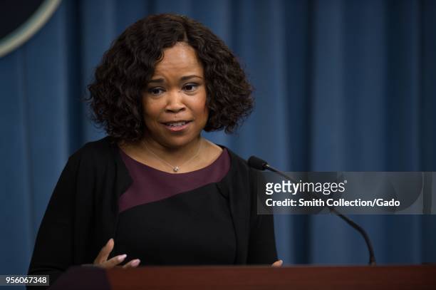 Dana White, the Assistant to the Secretary of Defense for Public Affairs, briefing at the Pentagon, Washington, USA, May 5, 2018. Image courtesy Sgt....