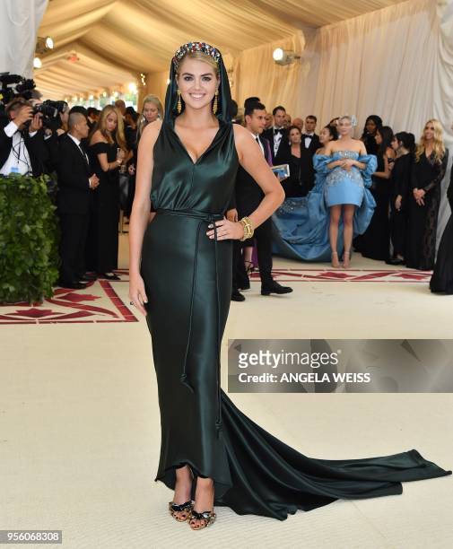 Kate Upton arrives for the 2018 Met Gala on May 7 at the Metropolitan Museum of Art in New York. - The Gala raises money for the Metropolitan Museum...