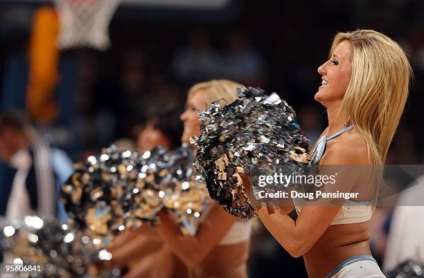 The Denver Nuggets Dance Team perform during a break in the action against the Golden State Warriors at the Pepsi Center on January 5, 2010 in...