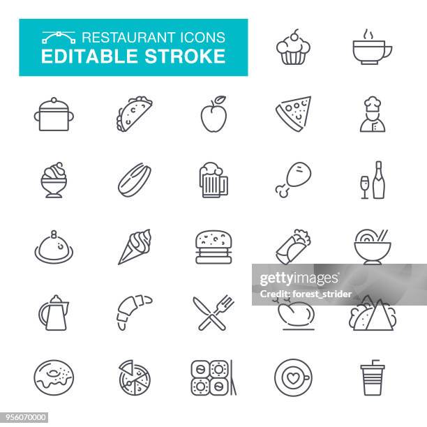 stockillustraties, clipart, cartoons en iconen met restaurant bewerkbare beroerte pictogrammen - plateau keukengereedschap